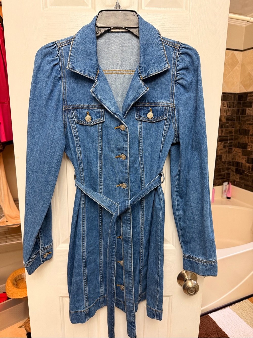 vestique Blue Denim Long Sleeve Shirt Dress with Belt